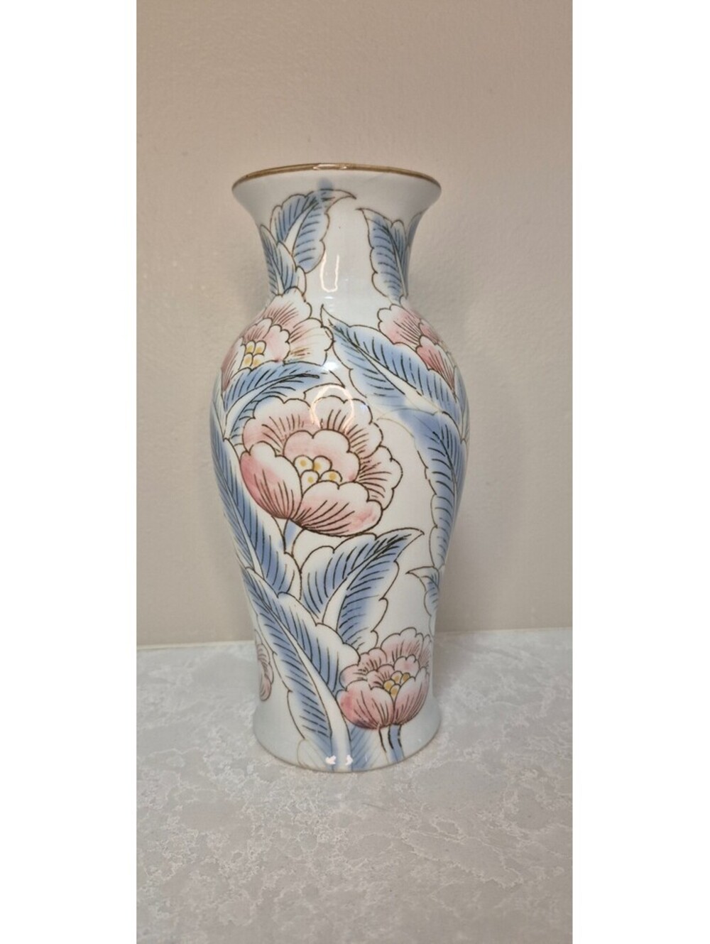 Japanese Porcelain Floral Vase Pink Blue Flowers Gold Trim 7.5" Decorative
